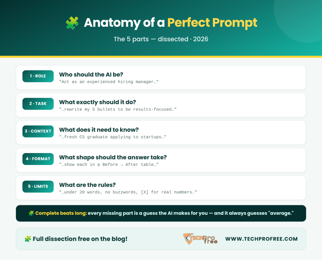 Anatomy of a Perfect Prompt 2026 Infographic - Techprofree
